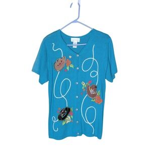 Susan Graver‎ Style Sz. M Western Cowboy Hat Embroidered Beaded Sweater Cardigan